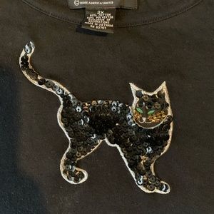Sequined black cat long sleeve black tee shirt 2xl